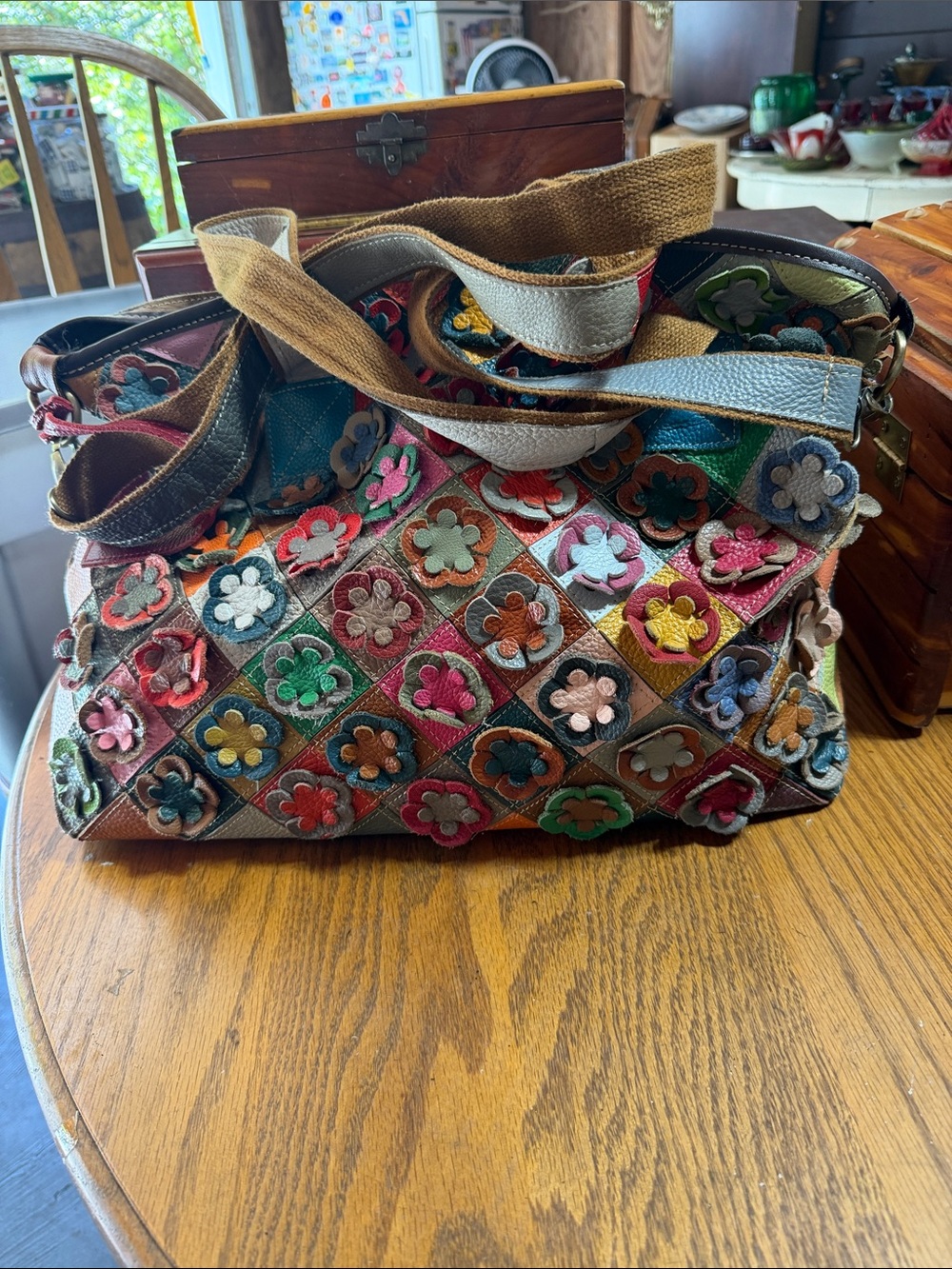 L’Artiste Multicolor Floral Patchwork Shoulder Bag with Wide Canvas Strap